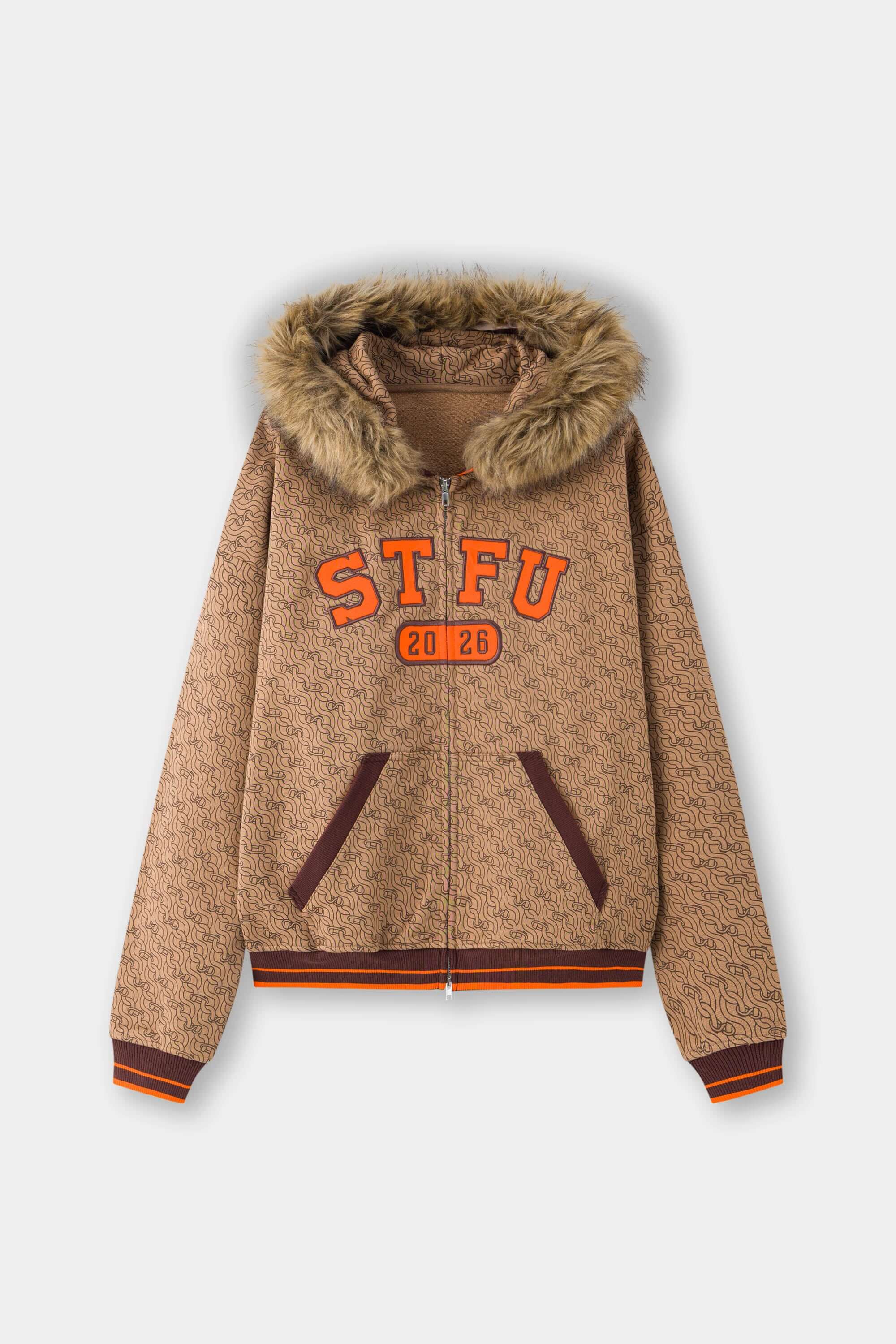 STFU Gusssi Zip Up | Luxury Chain Print Hoodie with Detachable Fur 
