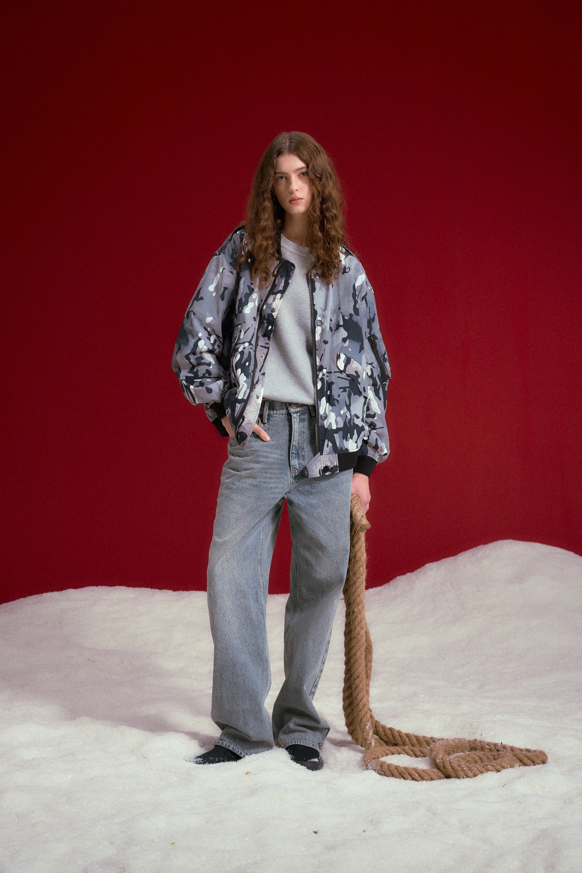 Underwear Denim worn on a female model, full-length front view.