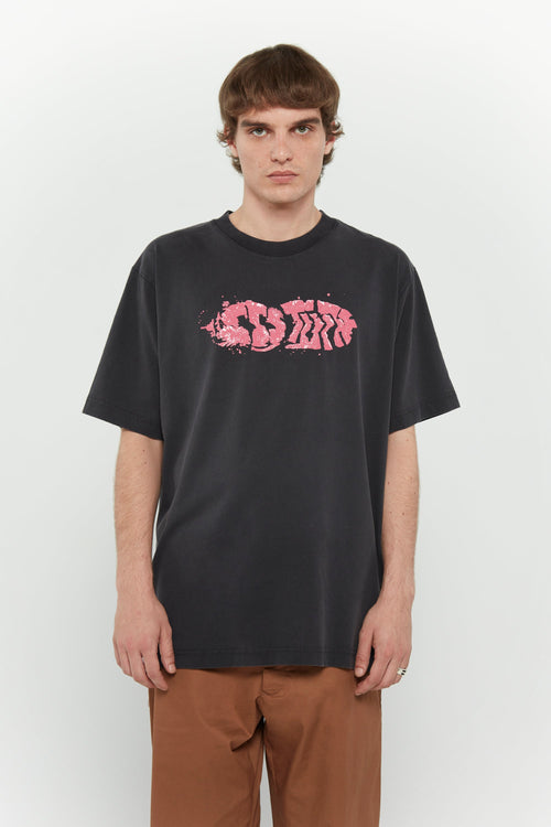 Oversized vintage wash t-shirt with 3D footprint graphic