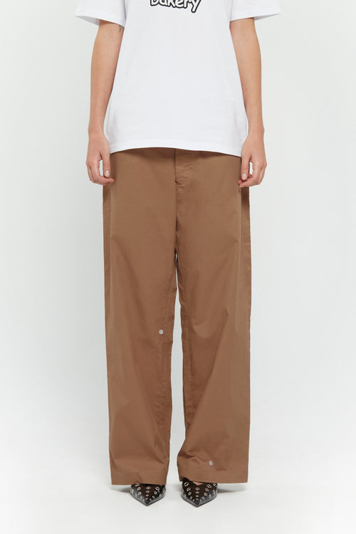Beige cotton twill trousers with tailored straight fit and SSSTUFFF button detailing on legs