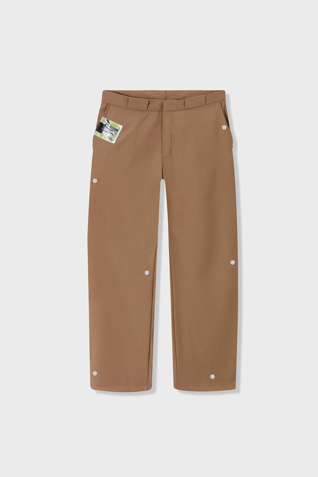 Beige cotton twill trousers with tailored straight fit and SSSTUFFF button detailing on legs
