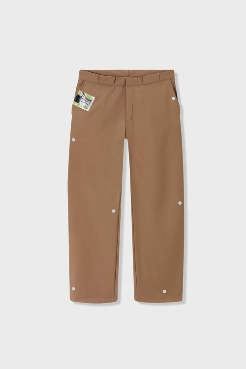 Beige cotton twill trousers with tailored straight fit and SSSTUFFF button detailing on legs