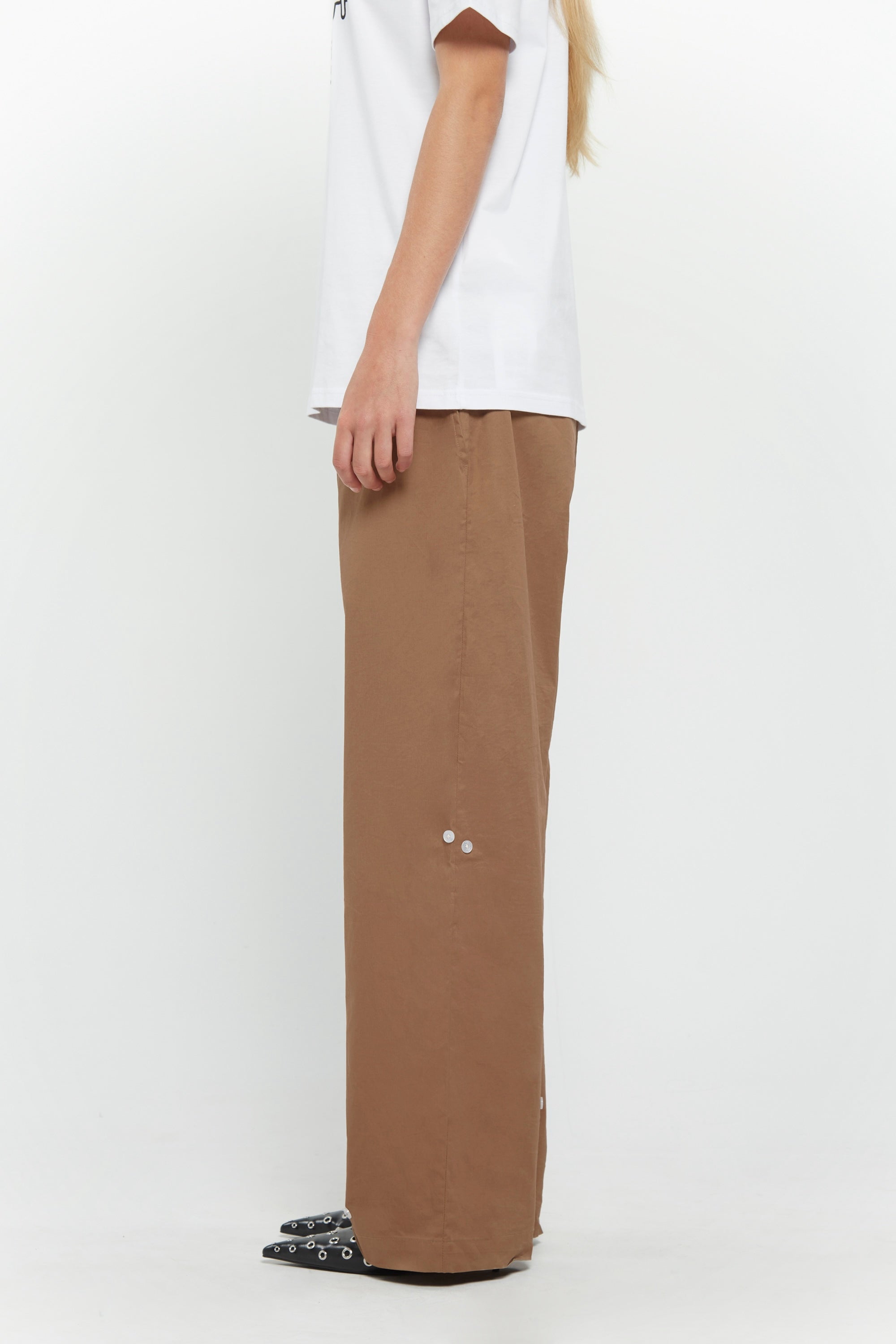 Beige cotton twill trousers with tailored straight fit and SSSTUFFF button detailing on legs