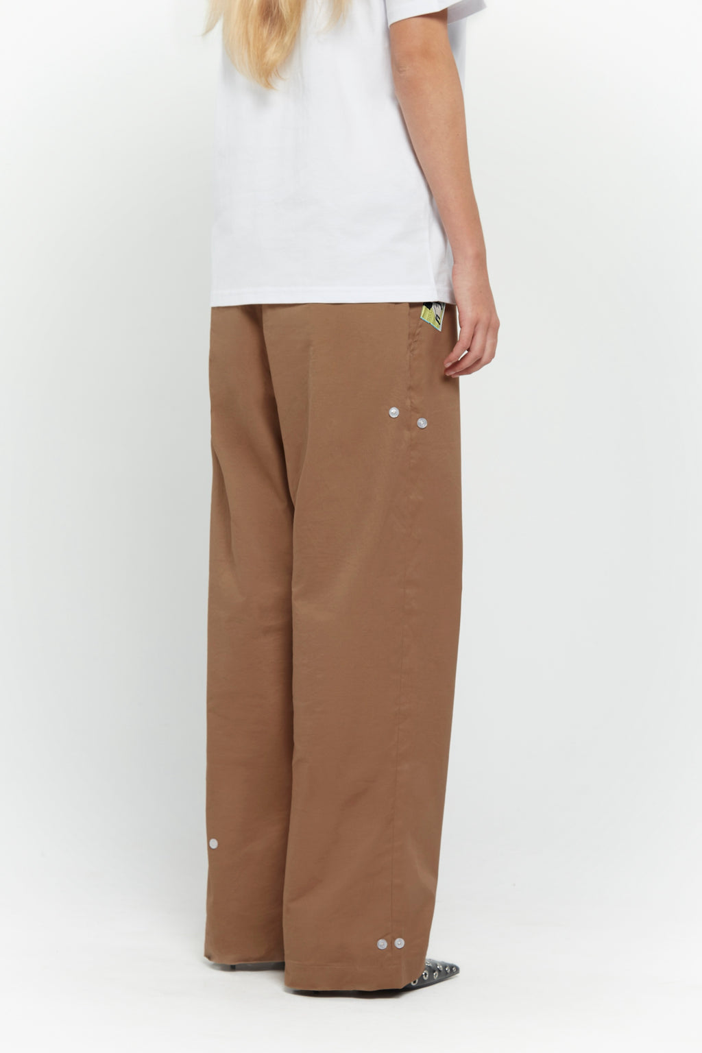 Beige cotton twill trousers with tailored straight fit and SSSTUFFF button detailing on legs