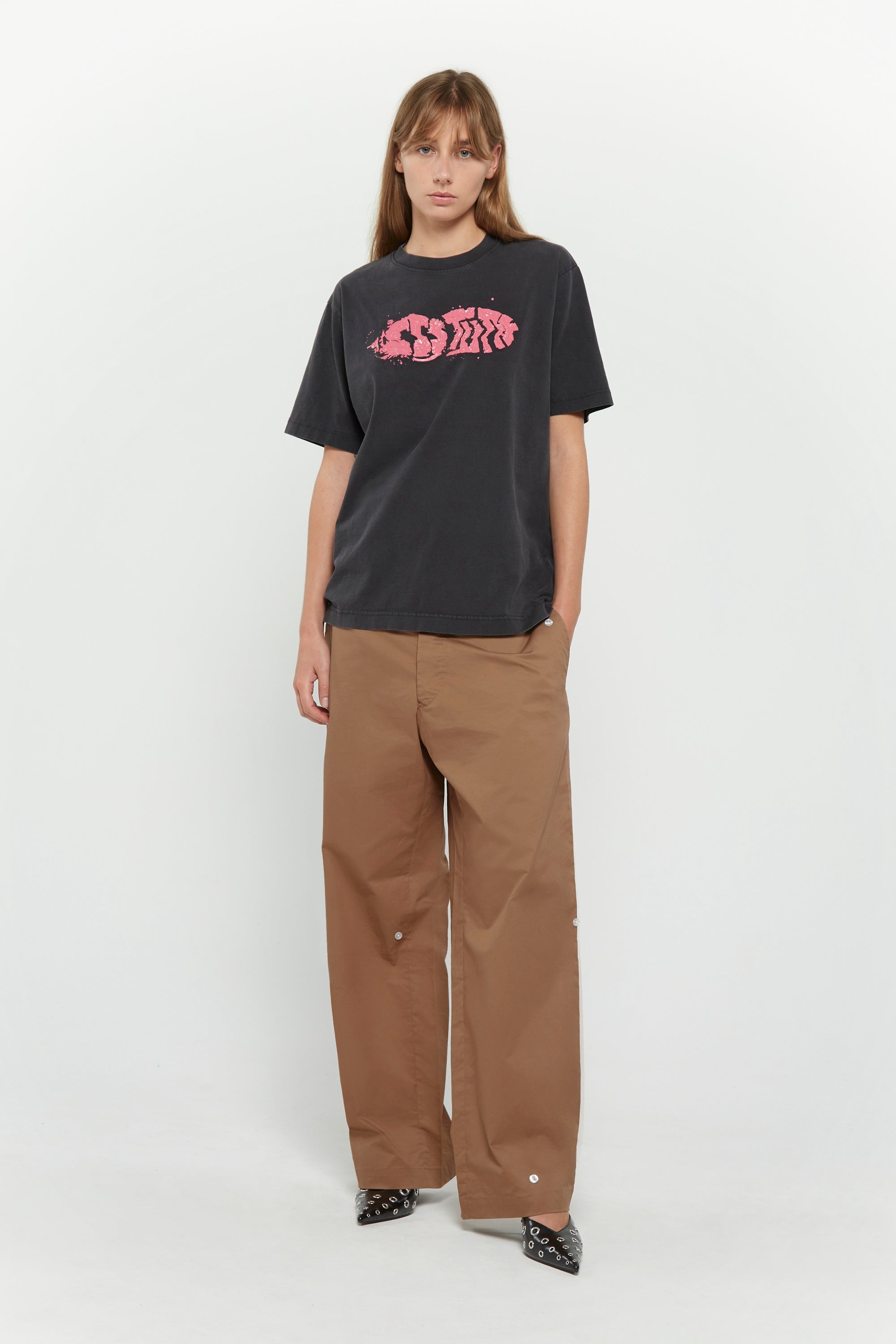 Beige cotton twill trousers with tailored straight fit and SSSTUFFF button detailing on legs