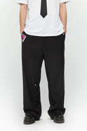 Black cotton twill trousers with tailored straight fit and SSSTUFFF button detailing on legs