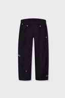 Black cotton twill trousers with tailored straight fit and SSSTUFFF button detailing on legs