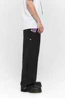 Black cotton twill trousers with tailored straight fit and SSSTUFFF button detailing on legs