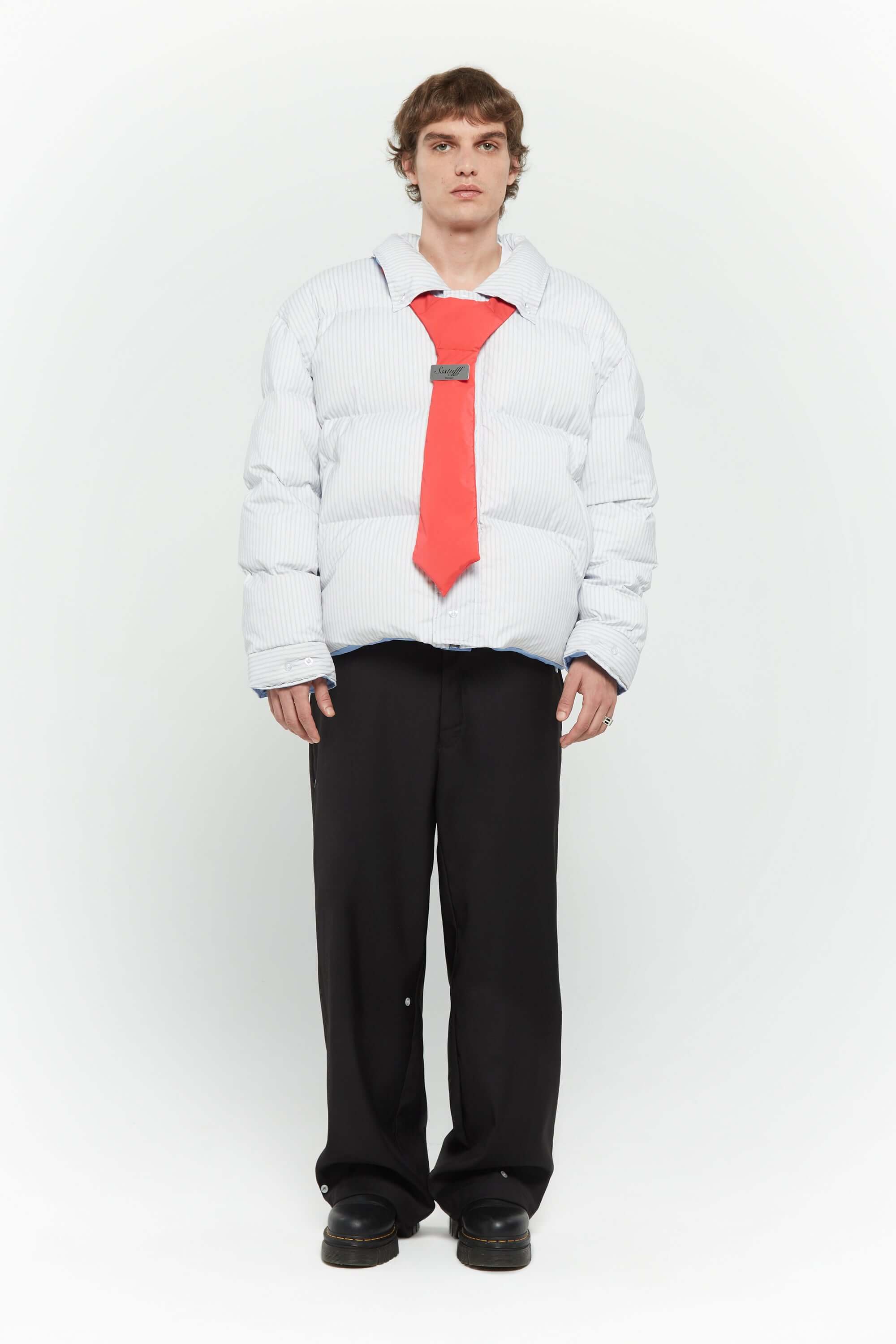 Black cotton twill trousers with tailored straight fit and SSSTUFFF button detailing on legs