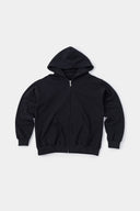 Black zip-up hoodie with embroidered mini logo on the back