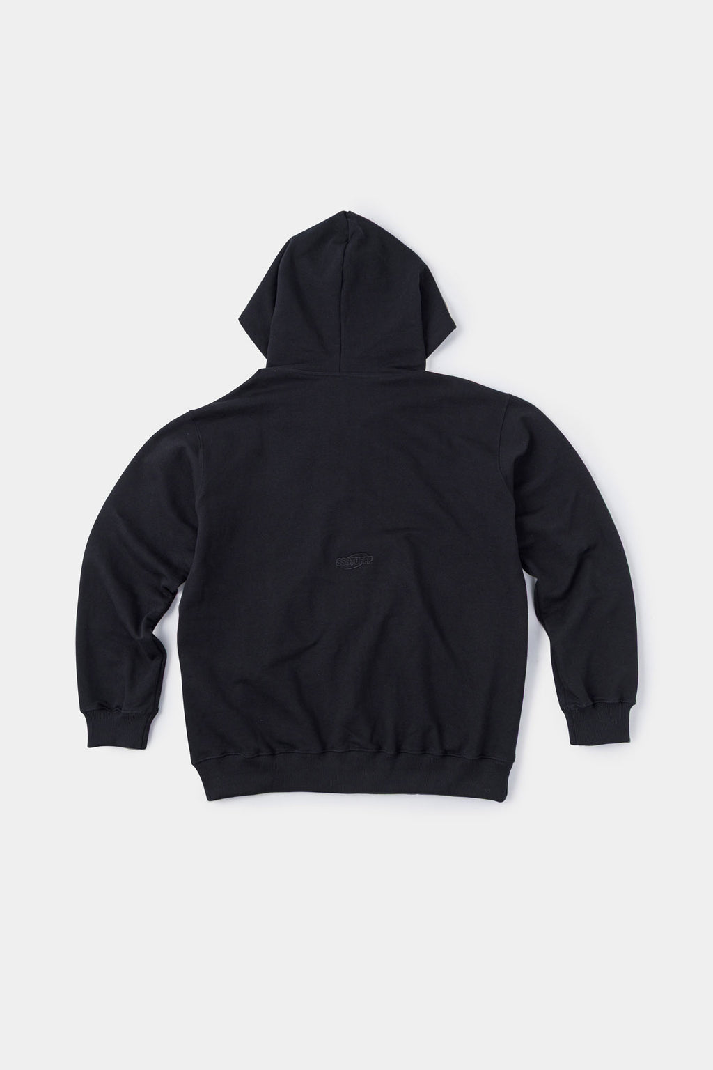 Black zip-up hoodie with embroidered mini logo on the back