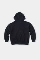 Black zip-up hoodie with embroidered mini logo on the back