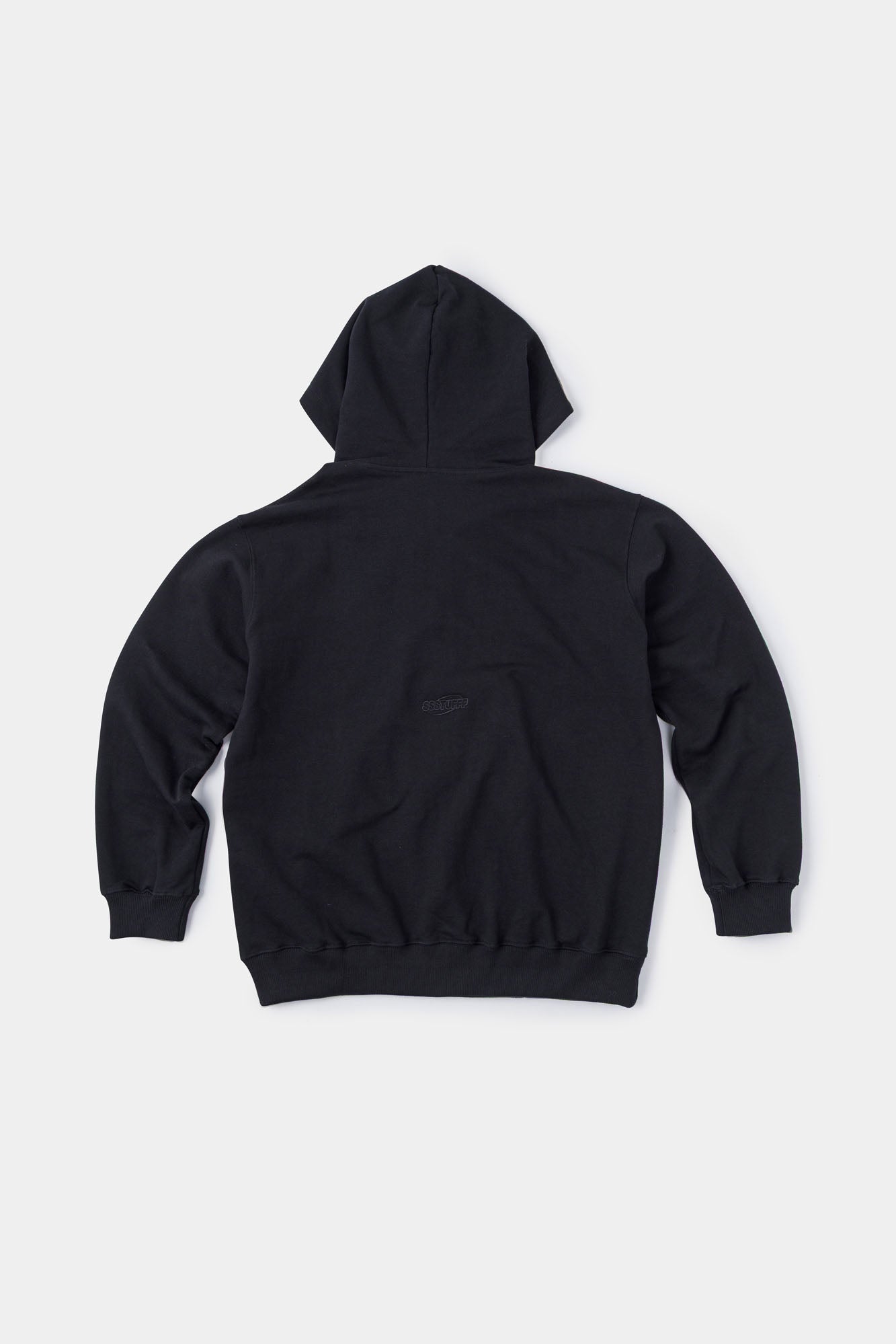 Black zip-up hoodie with embroidered mini logo on the back