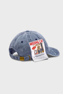 Blue cotton cap with missing cat jacquard patch and handcrafted cat scratches and footprints