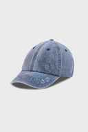 Blue cotton cap with missing cat jacquard patch and handcrafted cat scratches and footprints