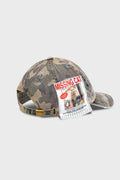 Camo cotton cap with missing cat jacquard patch and handcrafted cat scratches and footprints