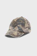 Camo cotton cap with missing cat jacquard patch and handcrafted cat scratches and footprints