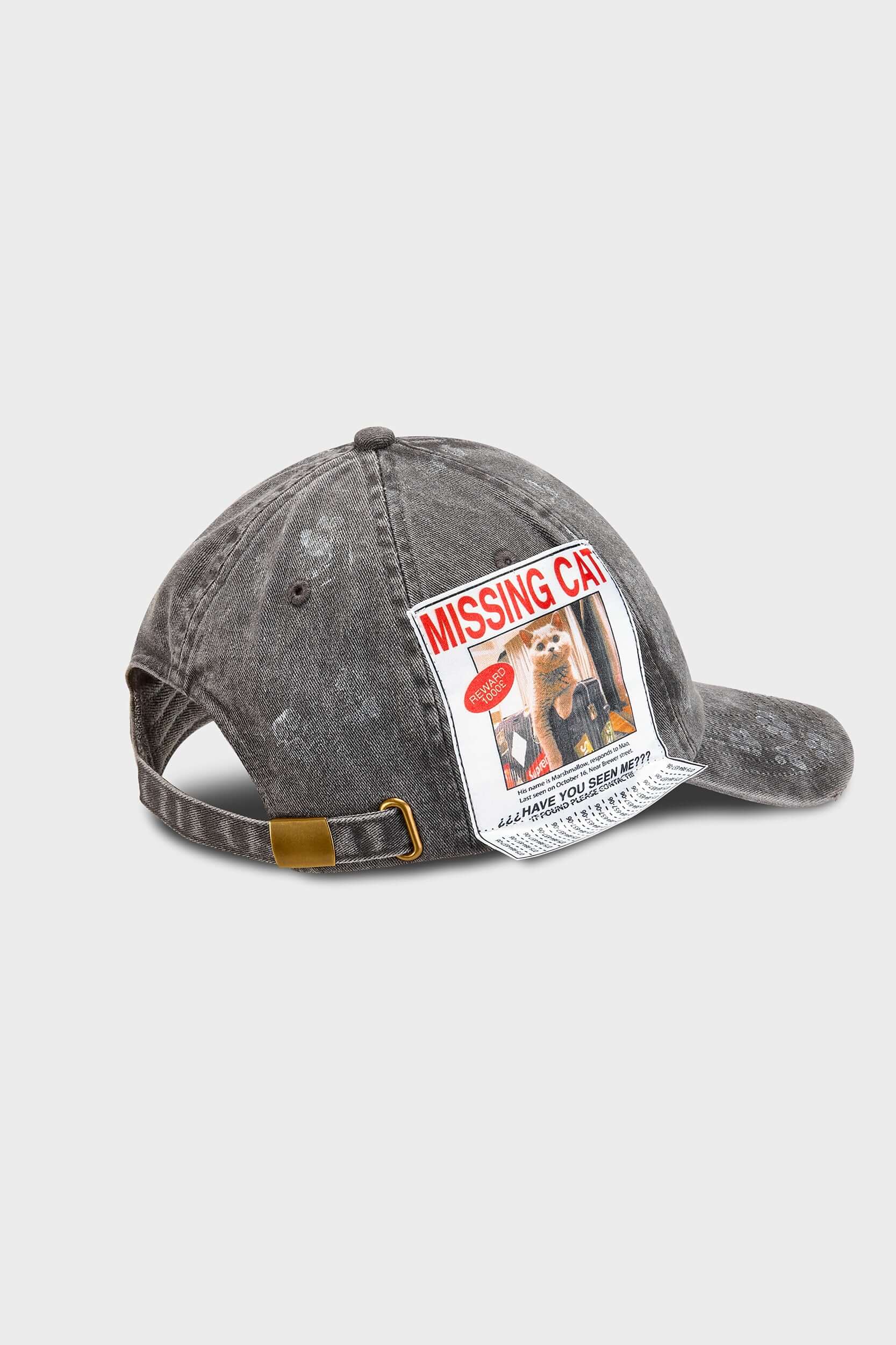 Dark grey cotton cap with missing cat jacquard patch and handcrafted cat scratches and footprints