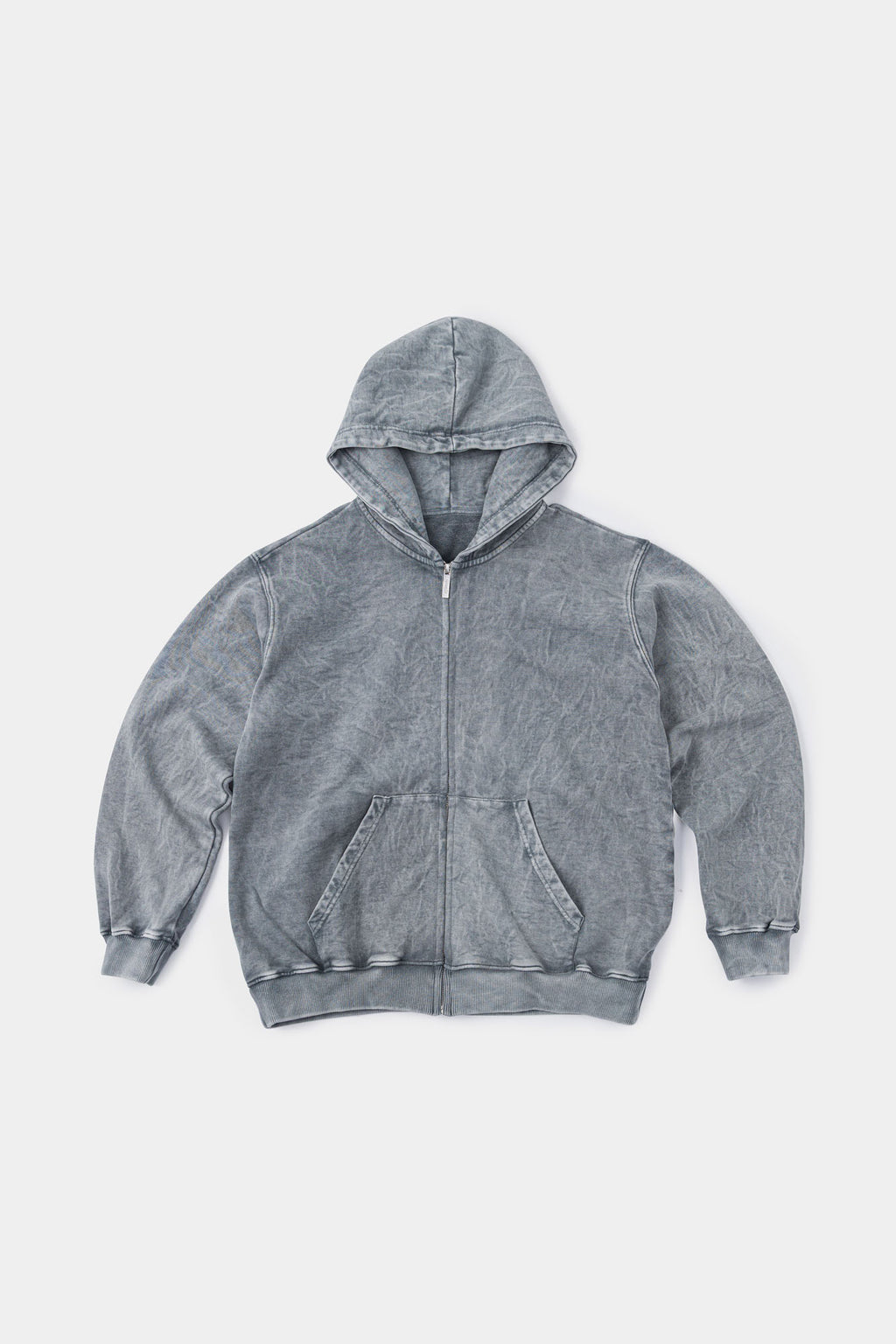 Grey zip-up hoodie with embroidered mini logo on the back