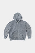 Grey zip-up hoodie with embroidered mini logo on the back