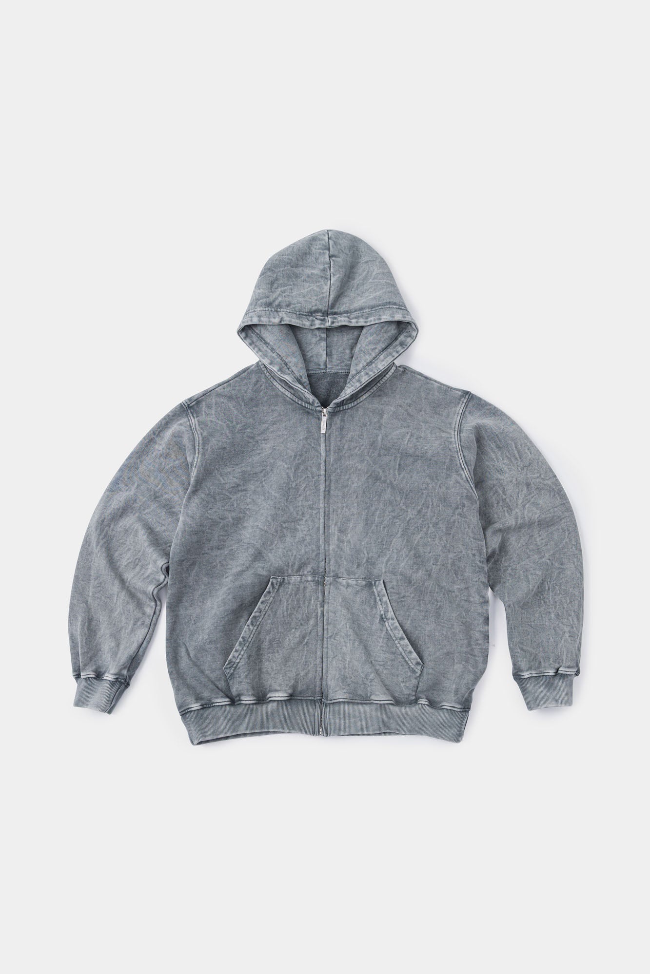 Grey zip-up hoodie with embroidered mini logo on the back