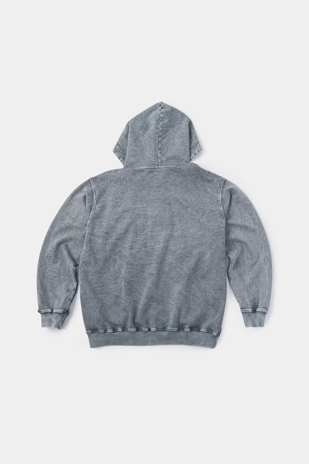 Grey zip-up hoodie with embroidered mini logo on the back