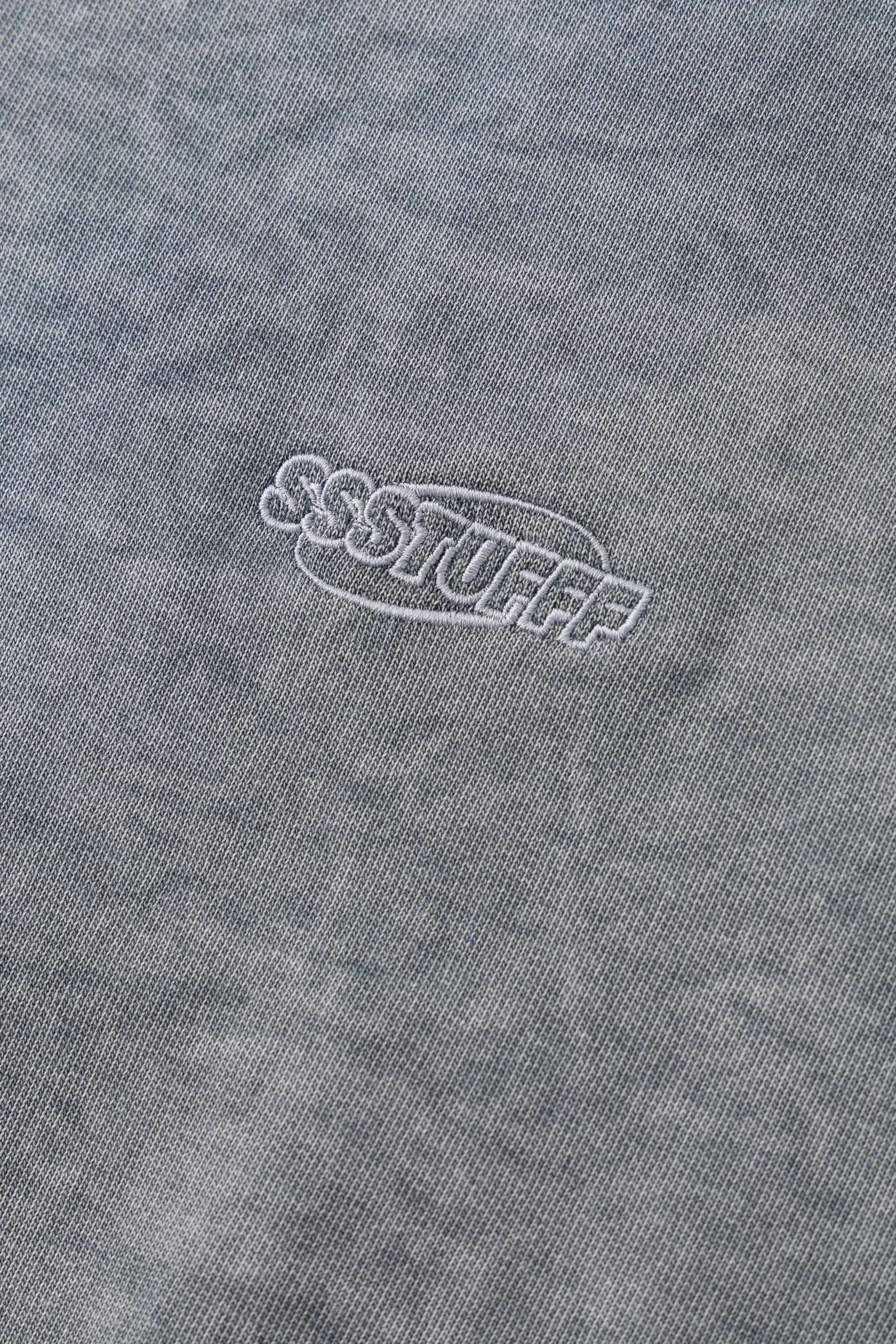 Grey zip-up hoodie with embroidered mini logo on the back