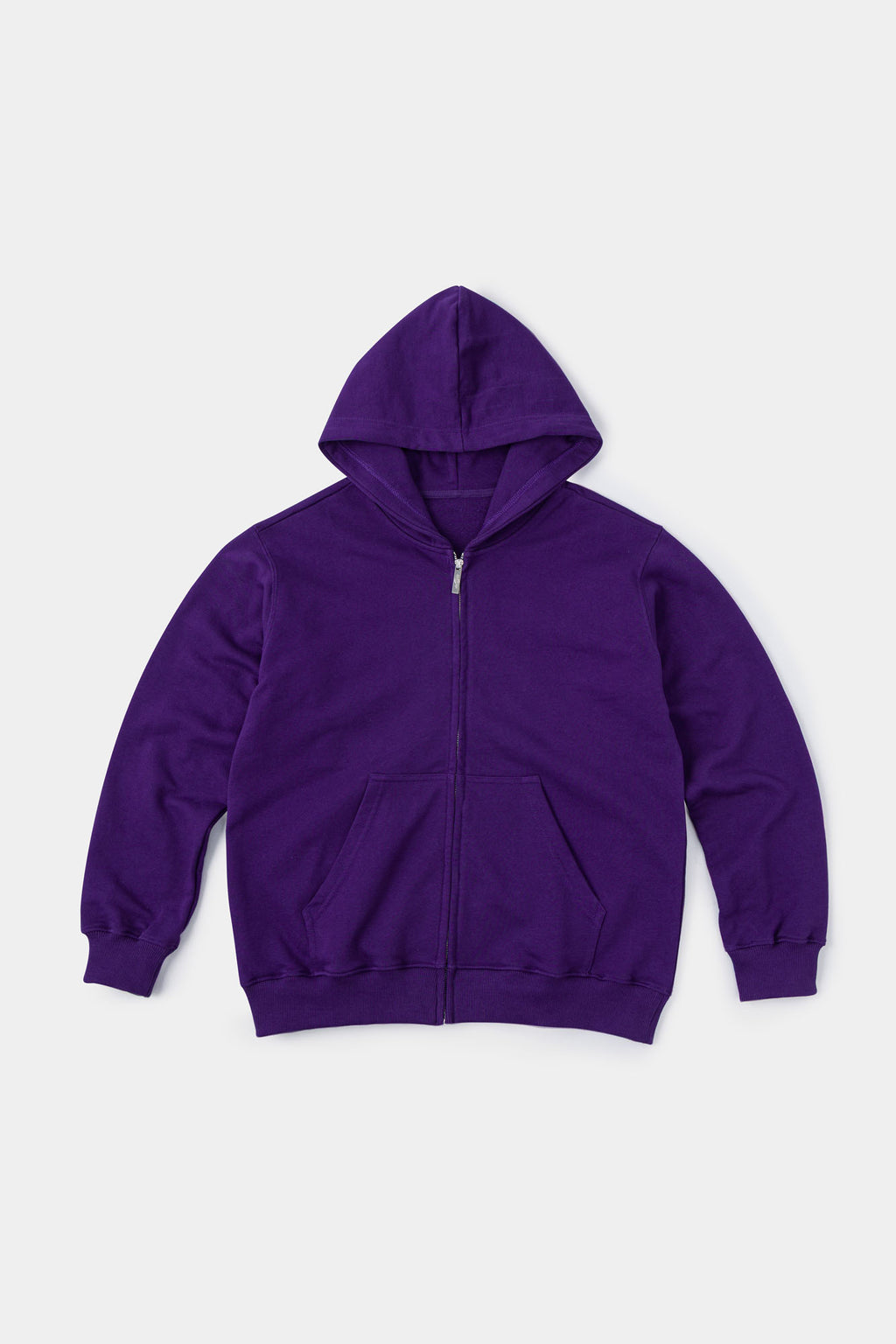 Purple zip-up hoodie with embroidered mini logo on the back