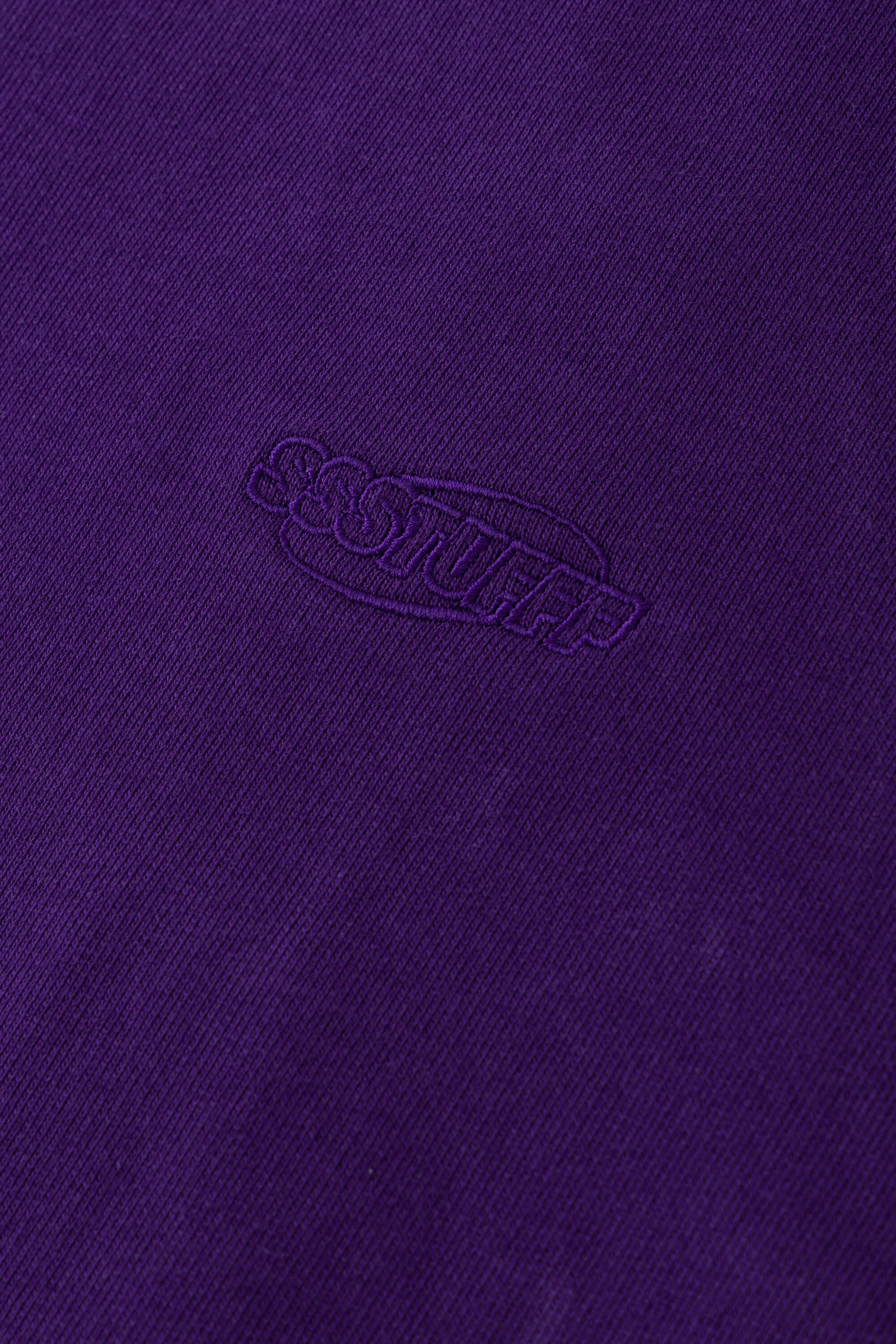 Purple zip-up hoodie with embroidered mini logo on the back