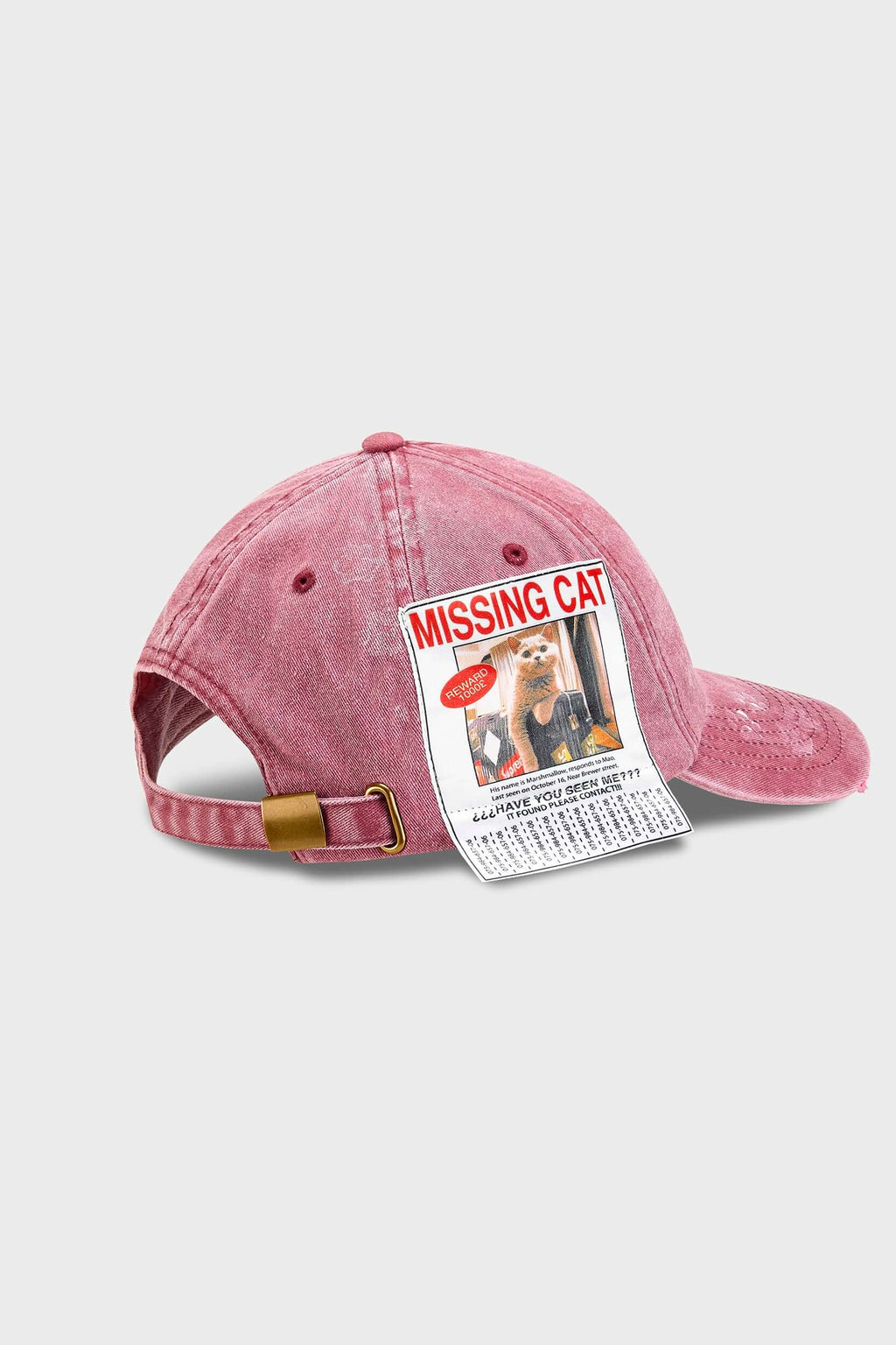 Red cotton cap with missing cat jacquard patch and handcrafted cat scratches and footprints