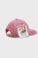 Red cotton cap with missing cat jacquard patch and handcrafted cat scratches and footprints