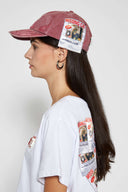 Red cotton cap with missing cat jacquard patch and handcrafted cat scratches and footprints