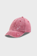 Red cotton cap with missing cat jacquard patch and handcrafted cat scratches and footprints