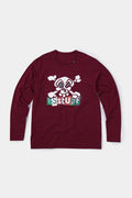 Red and black striped long-sleeve shirt with skull graphic and collage letter logo screenprint