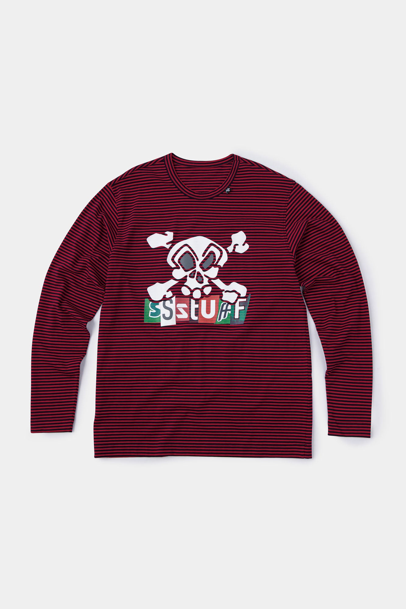 Red and black striped long-sleeve shirt with skull graphic and collage letter logo screenprint