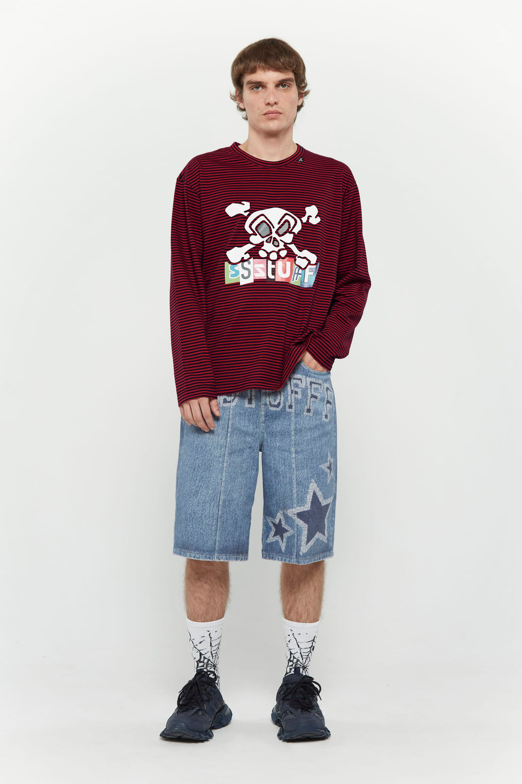 Red and black striped long-sleeve shirt with skull graphic and collage letter logo screenprint