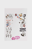 Transparent sticker sheet with 12 designs including footprints, tape, jewelry, and pins