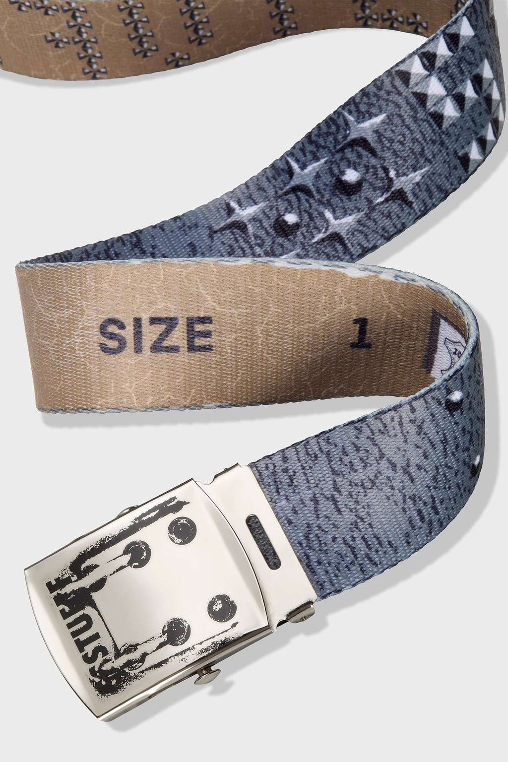 Canvas belt with printed rivets, metallic detailing, and SSSTUFFF engraved adjustable buckle