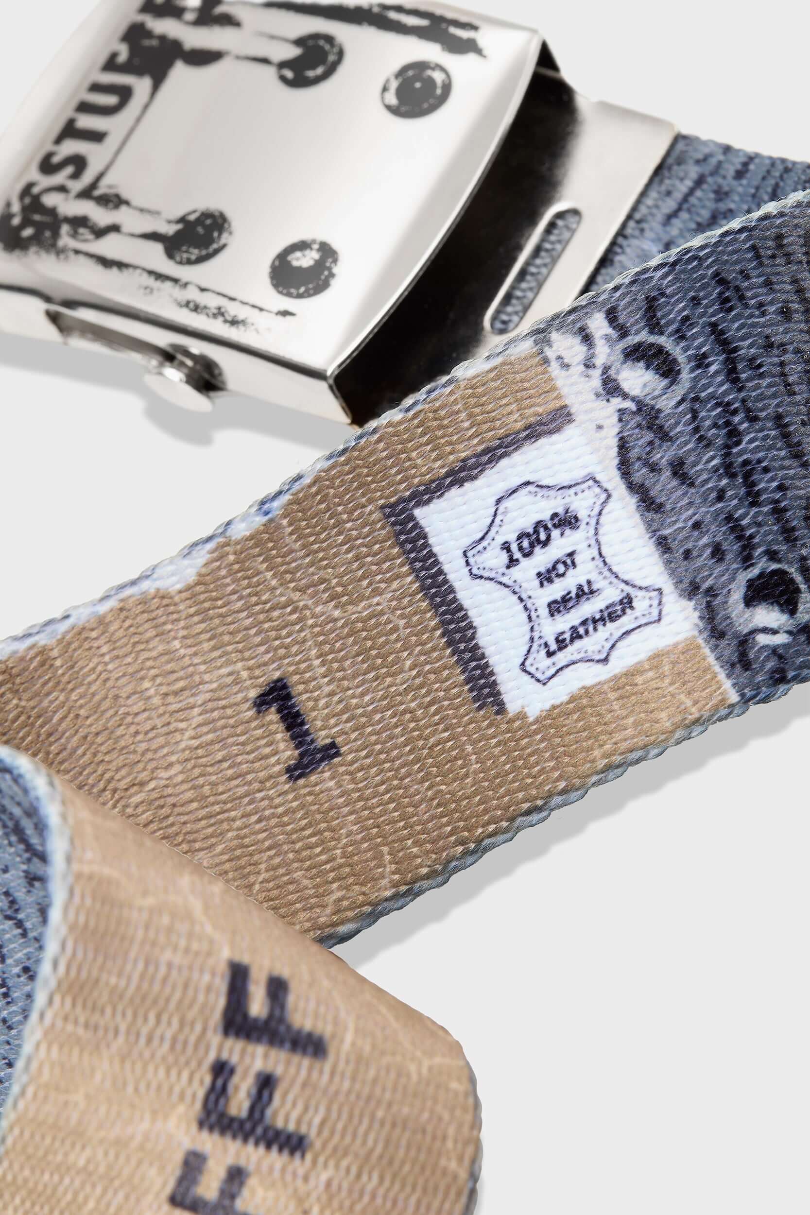 Canvas belt with printed rivets, metallic detailing, and SSSTUFFF engraved adjustable buckle