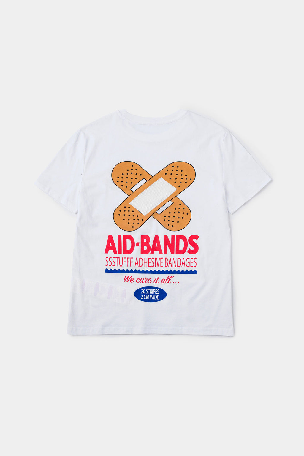 White t-shirt with bandaid graphic and text on a white background