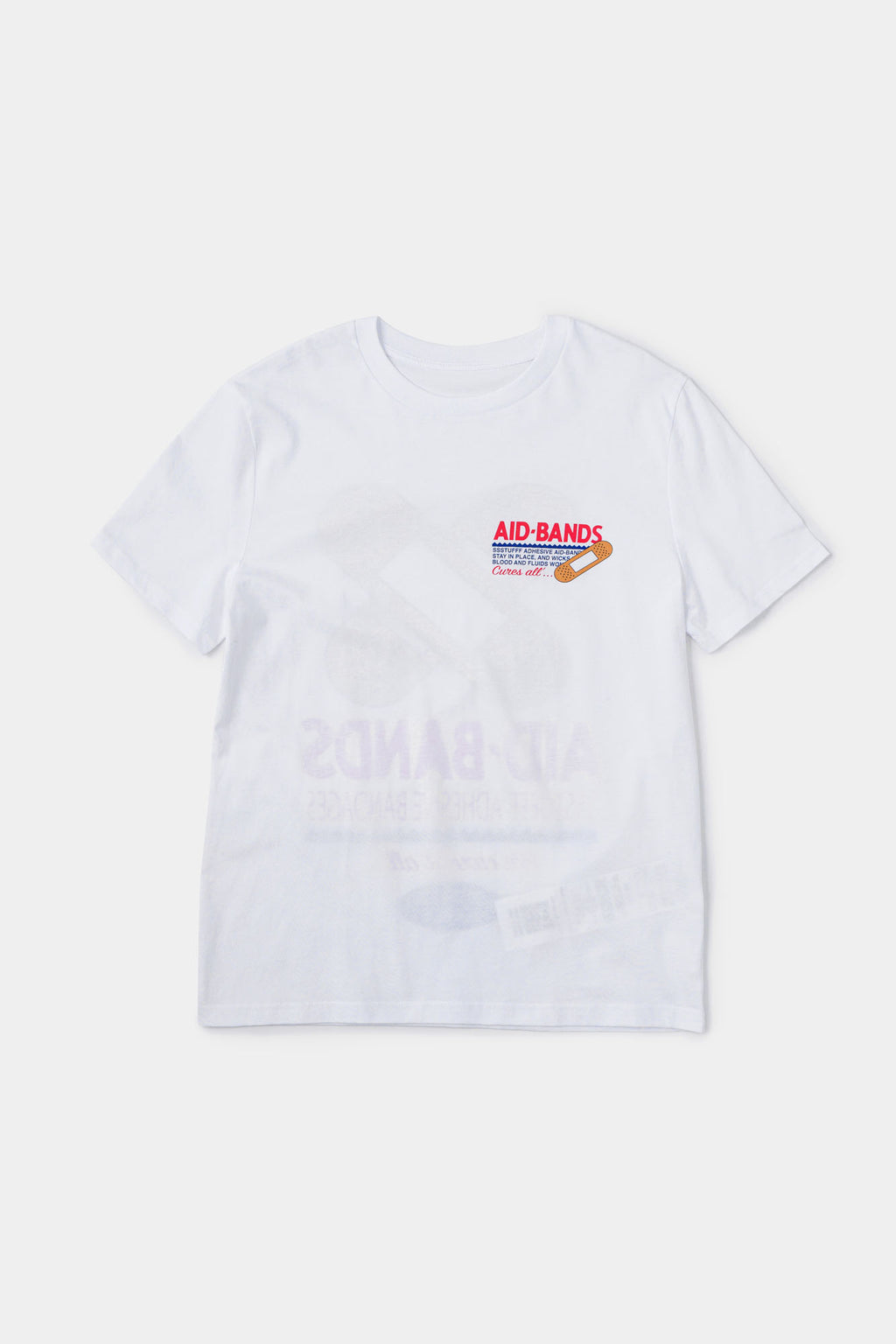 White t-shirt with bandaid graphic and text on a white background