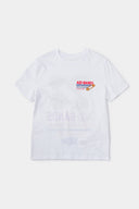 White t-shirt with bandaid graphic and text on a white background