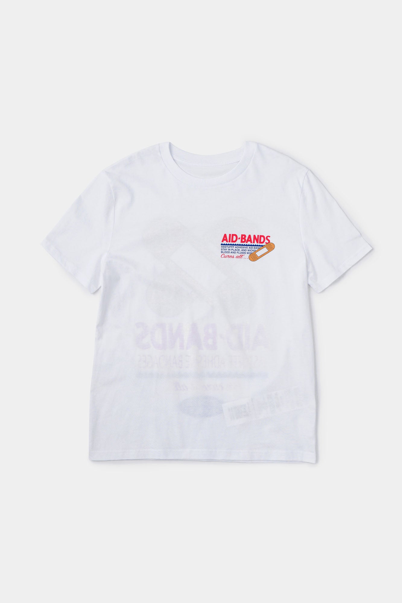 White t-shirt with bandaid graphic and text on a white background