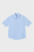 Blue short-sleeved button-up shirt with a pattern of stars and stripes on the chest area.