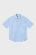 Blue short-sleeved button-up shirt with a pattern of stars and stripes on the chest area.