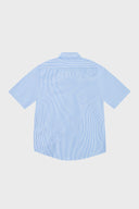 Blue short-sleeved button-up shirt with a pattern of stars and stripes on the chest area.