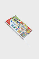 A colorful hardcover notebook with a geometric pattern, displaying various product images on its cover.