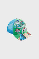 A trucker cap with a city map print featuring various buildings.