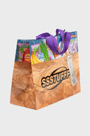 A multicolor grocery bag with 'SSSTUFF' printed on it and equipped with two strong cotton handles.