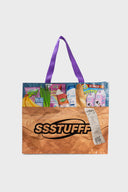 A multicolor grocery bag with 'SSSTUFF' printed on it and equipped with two strong cotton handles.